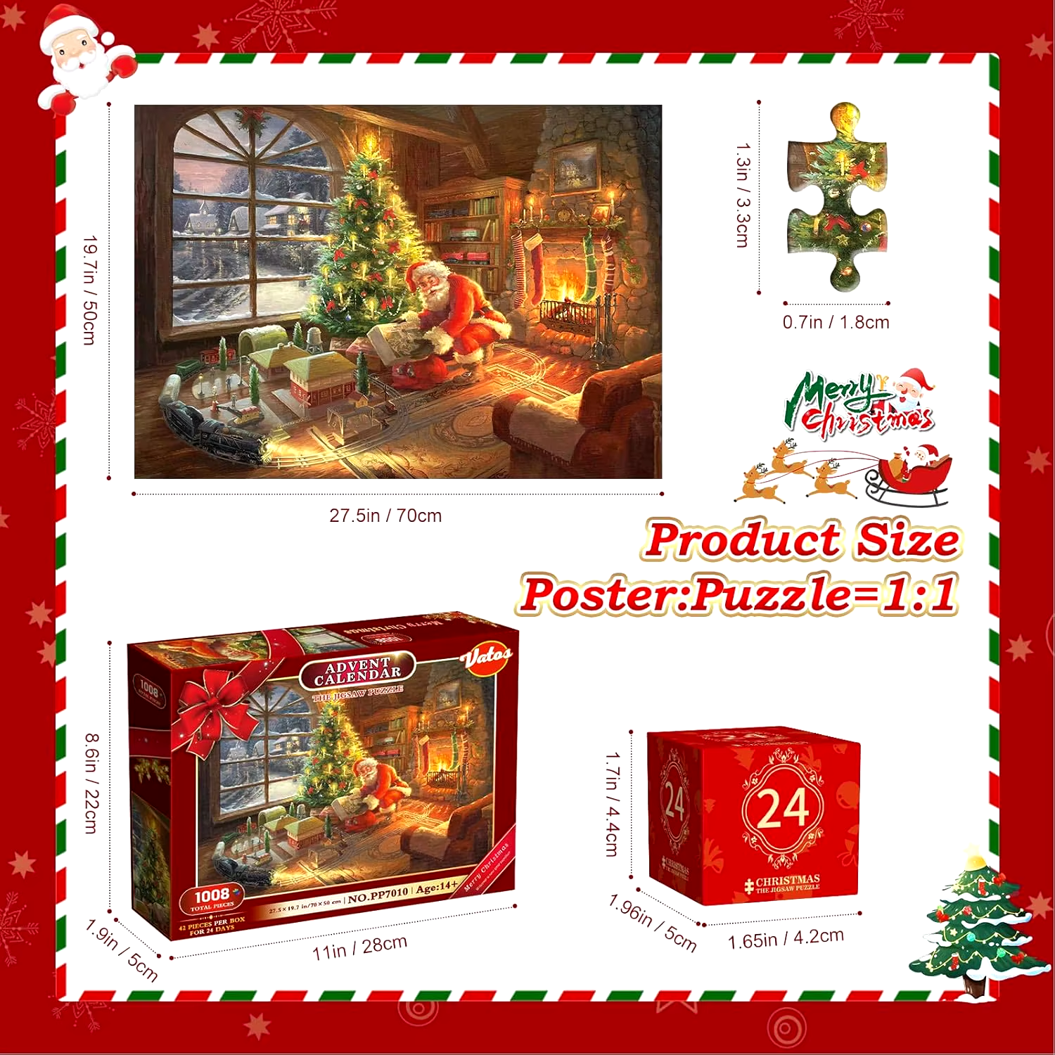 VATOS Advent Calendar Puzzle 2024 Christmas Jigsaw Santa Countdown Toy Gift