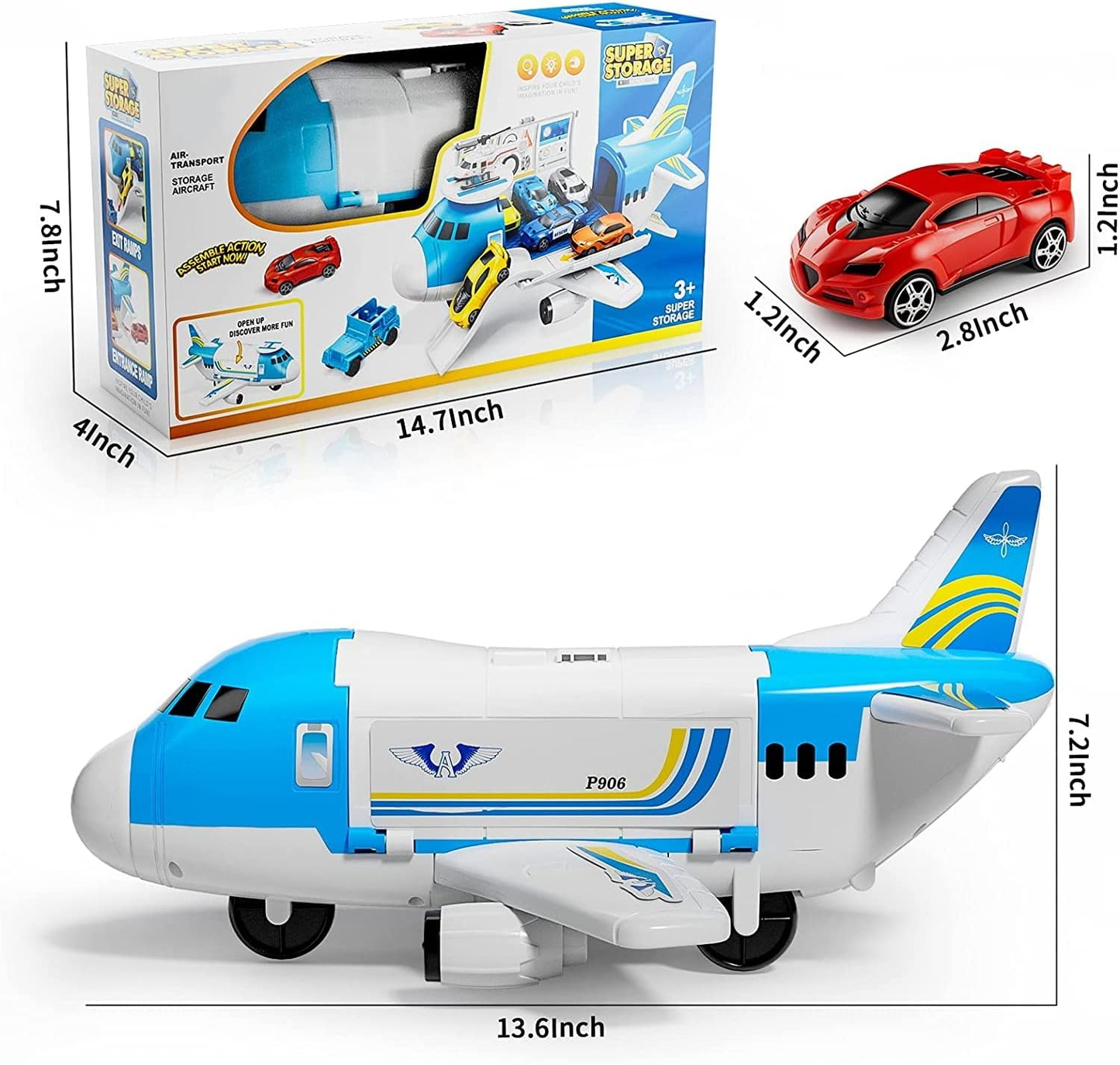 Toy Cars Set,Transport Cargo Airplane with 5 Mini Cars, 1 Helicopter,1 Engineer