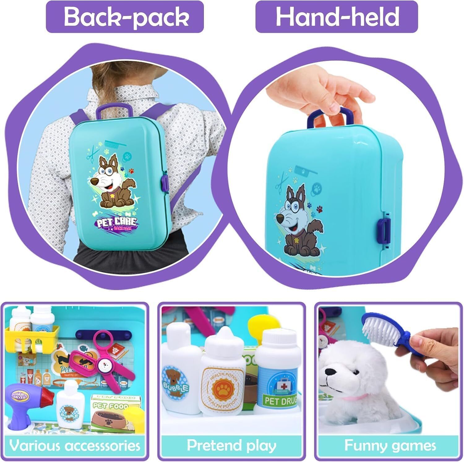 Pet Care Role Play Set Grooming Toys Feeding Dog Backpack Vet Kit Toy for Kids