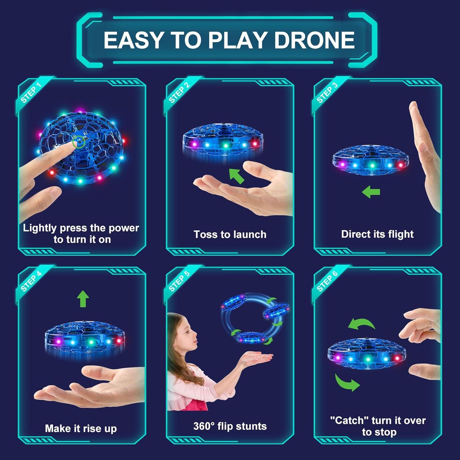 Hand Operated Flying Toy Drone for Kids,Free Motion Sensors with Cool LED Lights