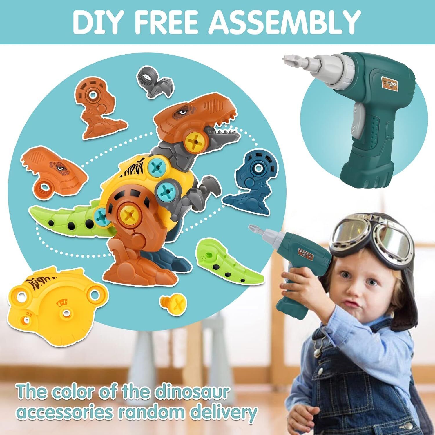 Dinosaur Toys for Kids with Storage Box Electric Drill DIY Construction