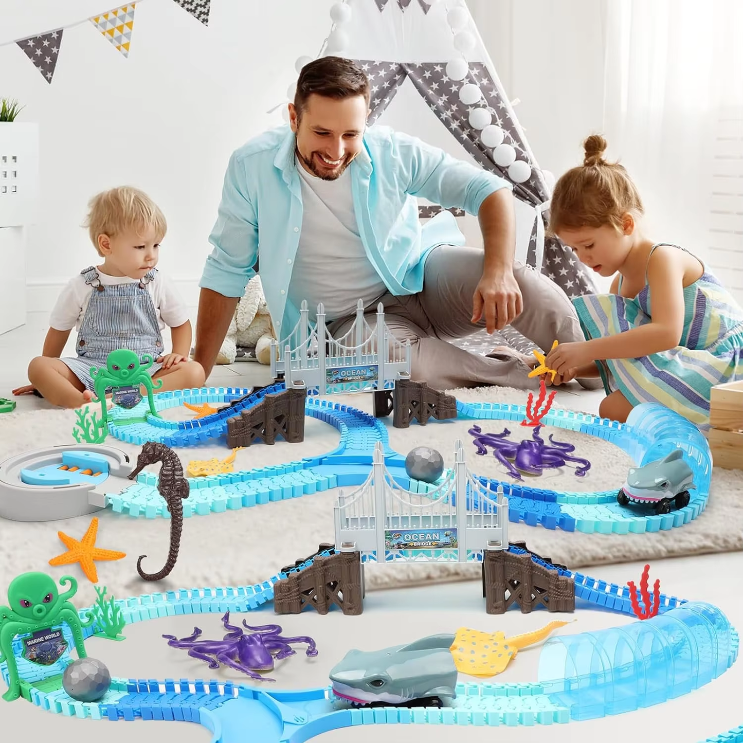 Track Toys Shark Race Car Toy for Boys Girls Age 3+ Bendable Flexible Racetrack 