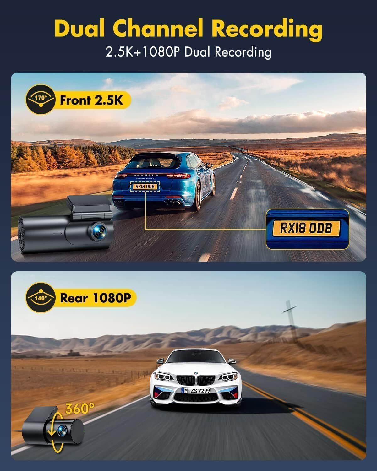 4K Dash Cam Front and Rear Wifi with 64GB SD Card, Dual Camera Parking Monitor