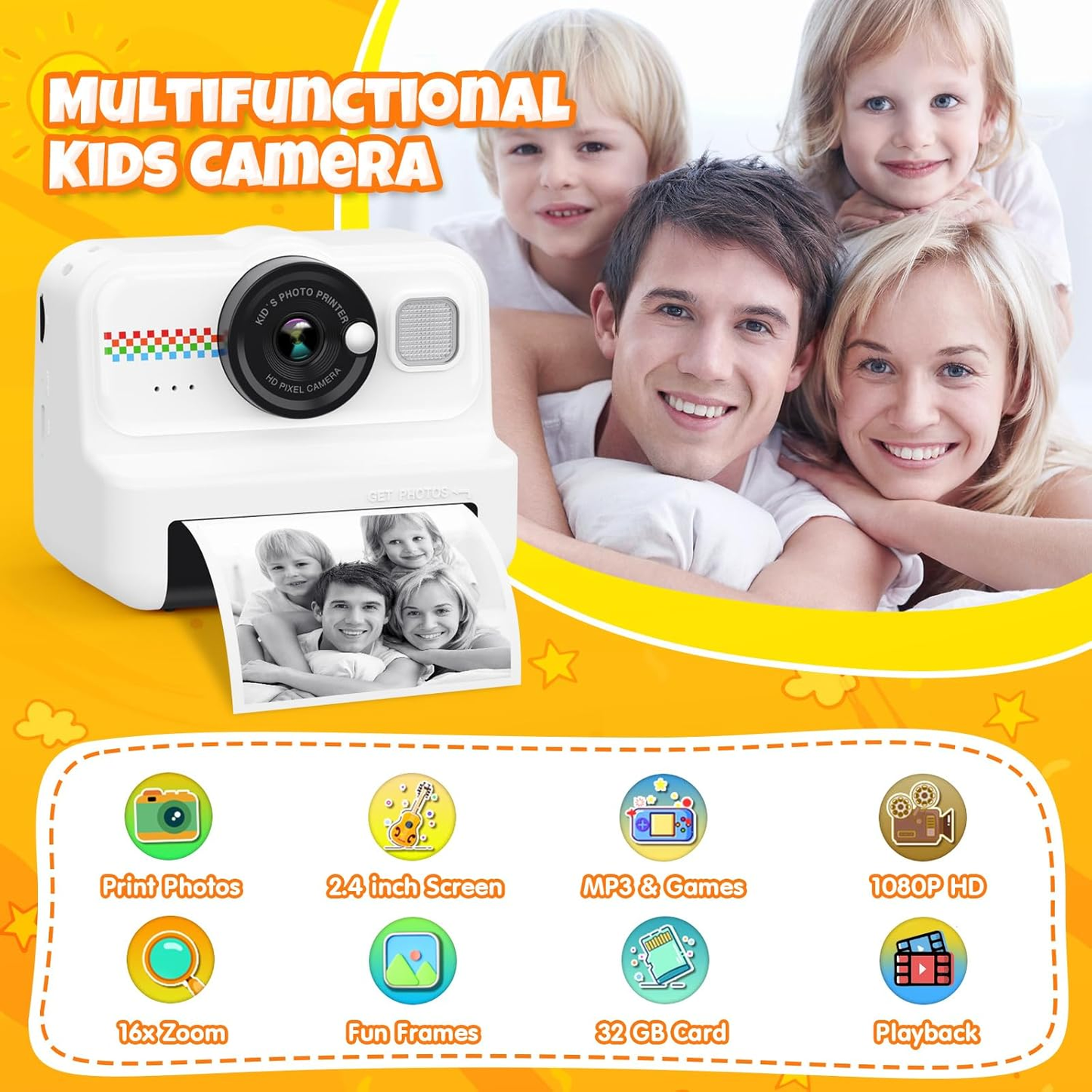 Kids Camera Instant Print, 1080P Instant Print Camera for Kids with 32GB Card & 