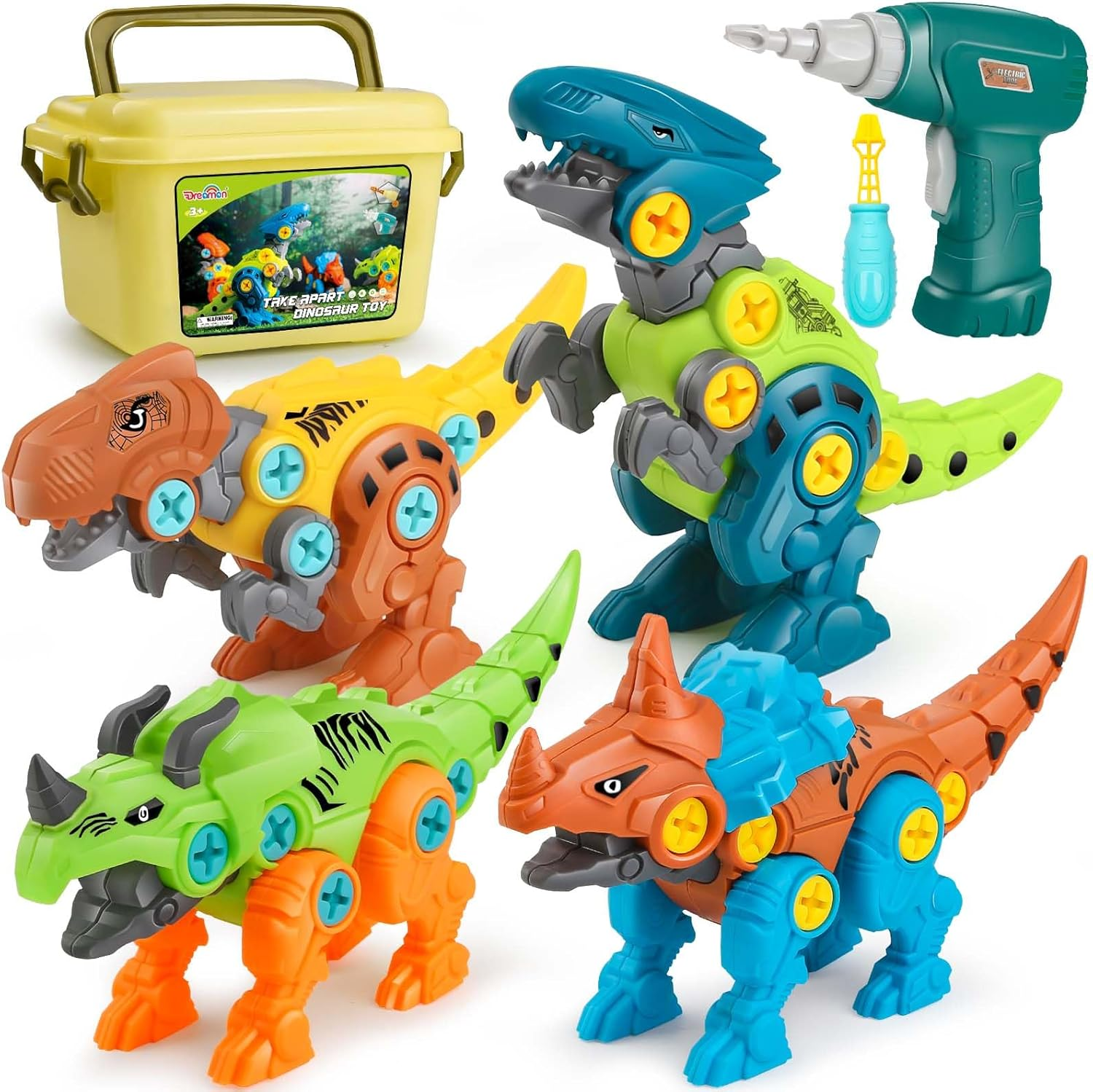 Dinosaur Toys for Kids with Storage Box Electric Drill DIY Construction