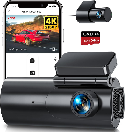 4K Dash Cam Front and Rear Wifi with 64GB SD Card, Dual Camera Parking Monitor