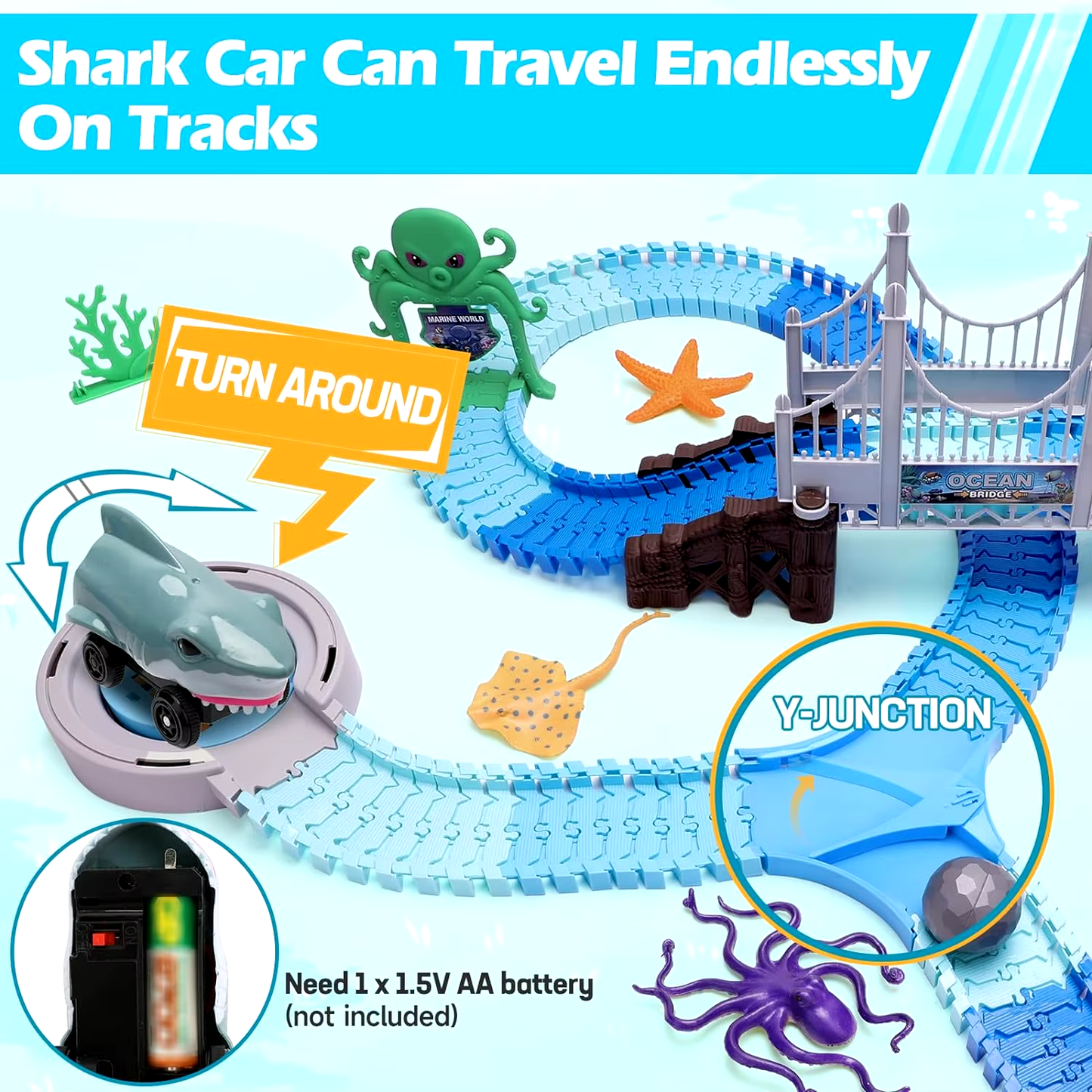 Track Toys Shark Race Car Toy for Boys Girls Age 3+ Bendable Flexible Racetrack 