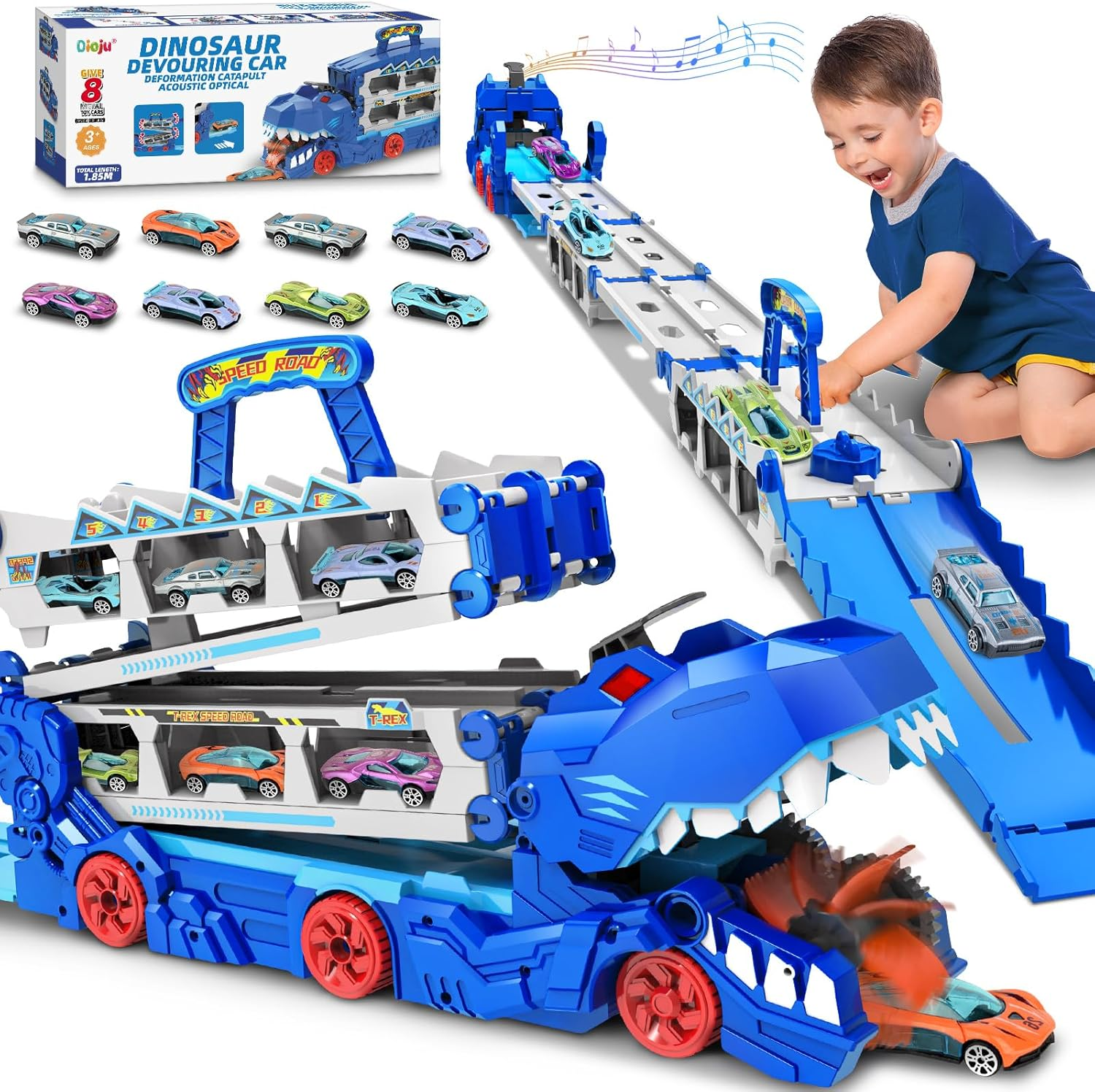 Foldable Transporter Trucks Cars-73 Inches Race Track with 8 Metal Toys Cars