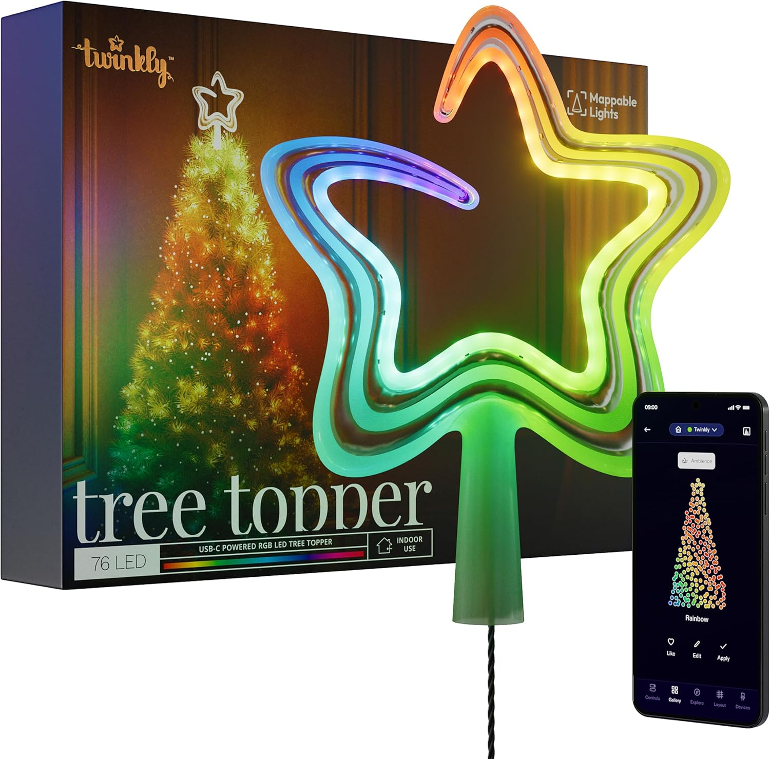 Tree Topper, Bright Christmas Tree Topper, Star Topper with 76 Mappable RGB Leds