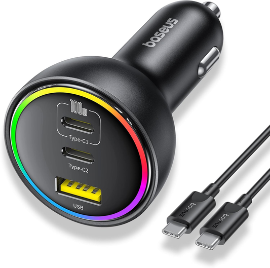 152.5W Car Charger 3 Ports, RGB USB C Car Charger 