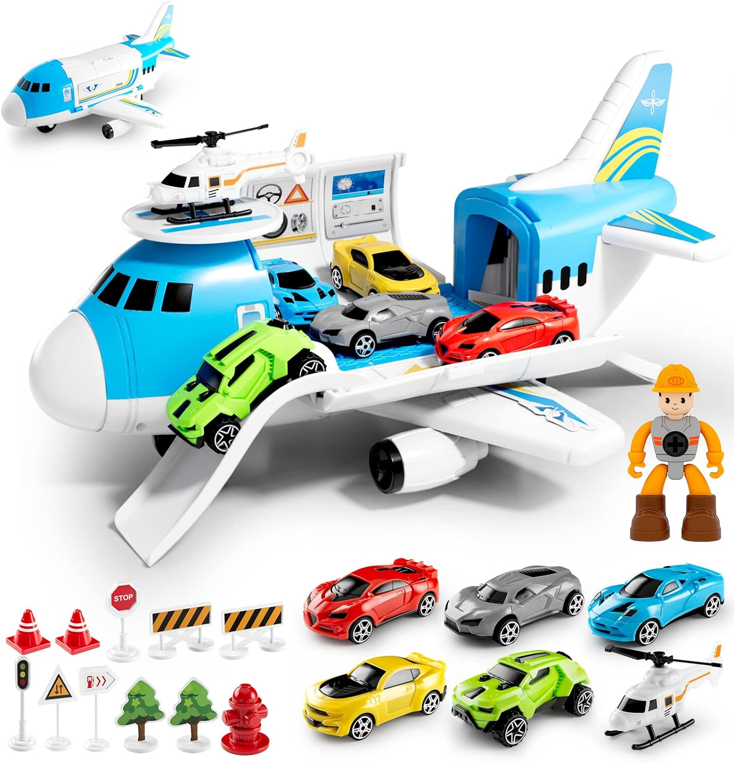 Toy Cars Set,Transport Cargo Airplane with 5 Mini Cars, 1 Helicopter,1 Engineer