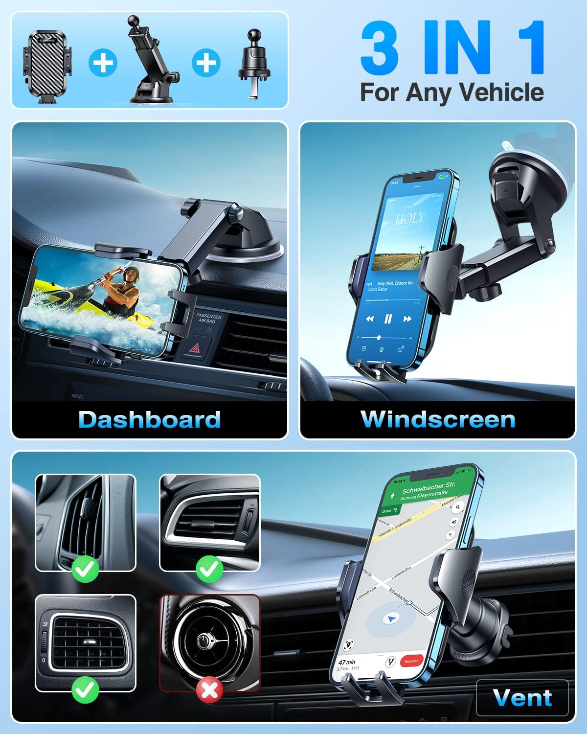 2024 BEST Car Phone Holder Upgraded Suction & Clip Universal Mobile Phone Mount