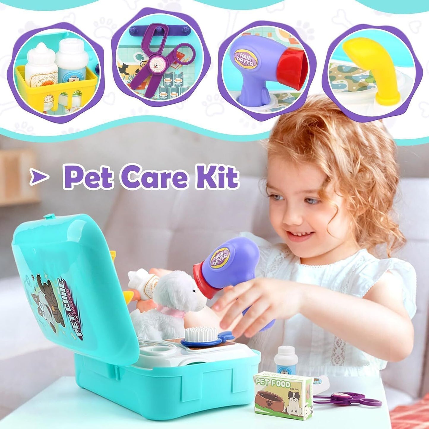 Pet Care Role Play Set Grooming Toys Feeding Dog Backpack Vet Kit Toy for Kids