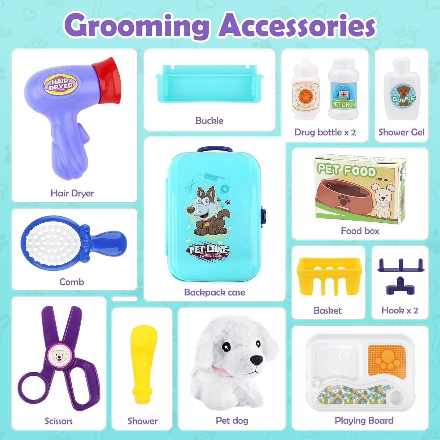 Pet Care Role Play Set Grooming Toys Feeding Dog Backpack Vet Kit Toy for Kids