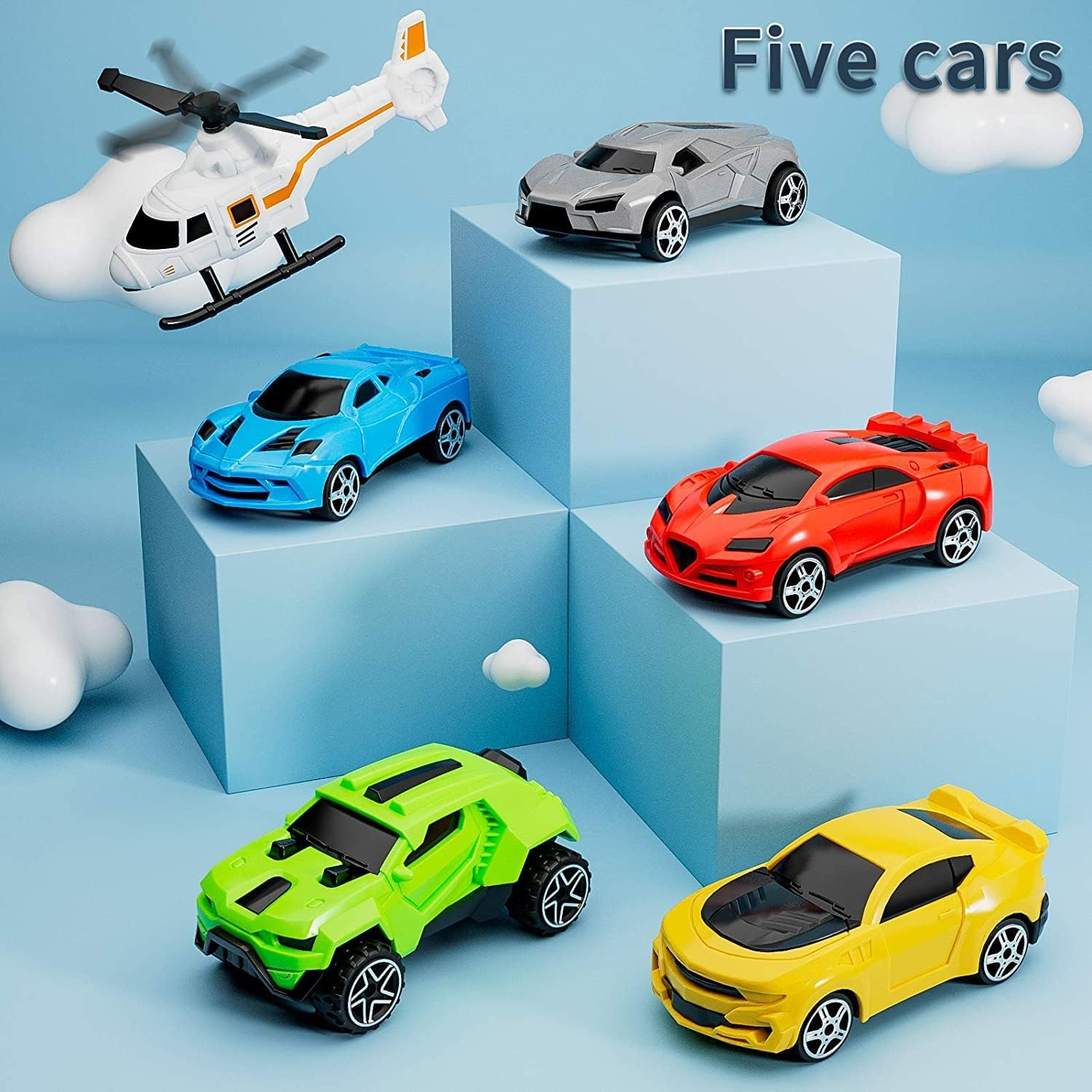 Toy Cars Set,Transport Cargo Airplane with 5 Mini Cars, 1 Helicopter,1 Engineer