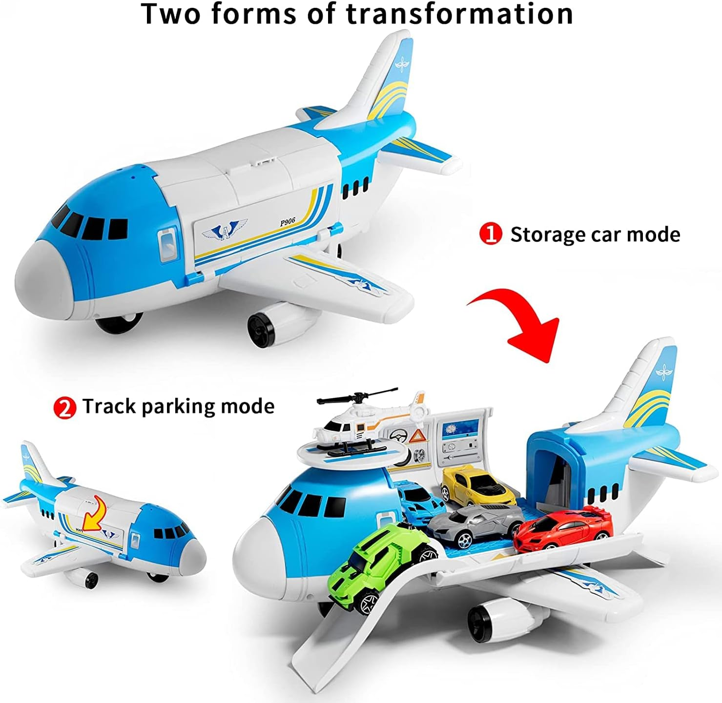 Toy Cars Set,Transport Cargo Airplane with 5 Mini Cars, 1 Helicopter,1 Engineer