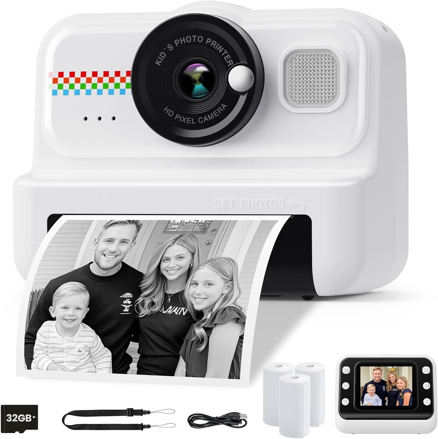 Kids Camera Instant Print, 1080P Instant Print Camera for Kids with 32GB Card & 