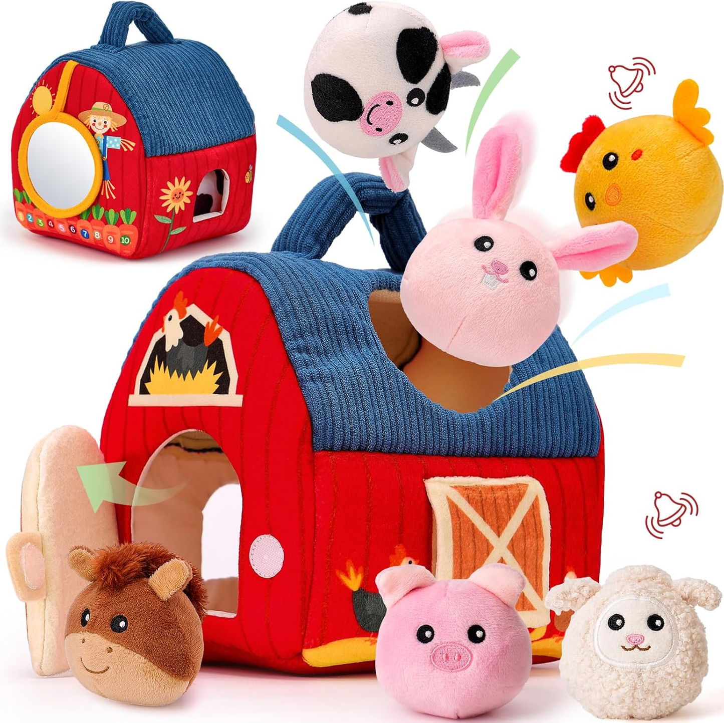 Baby Toys Farm Animals with Barn, Rattle, Crinkle Paper, Mirror for Babies 