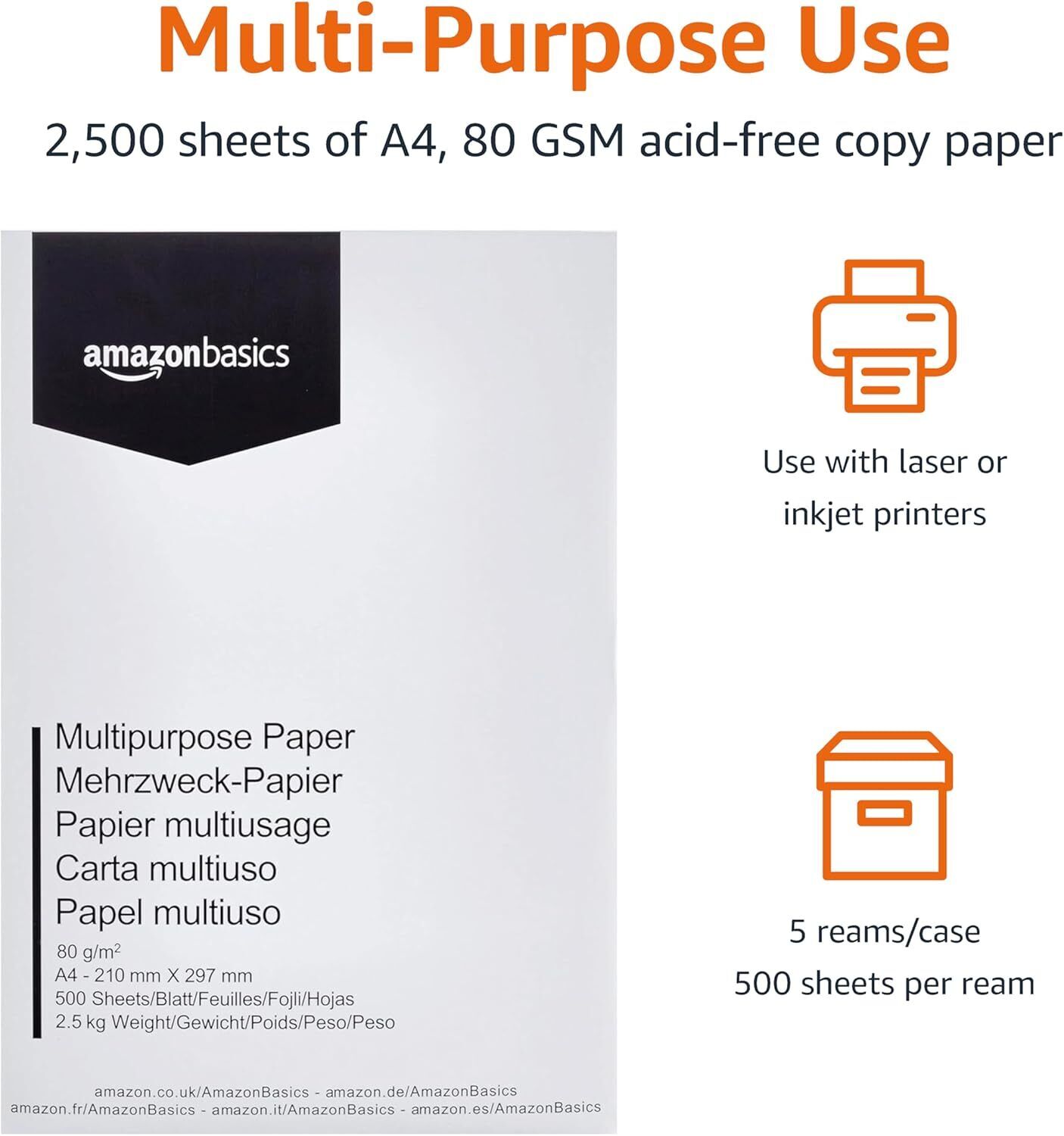 Multi-Purpose Copy Printer Paper, A4 80 Gsm, 2500 Count (Pack of 5), White