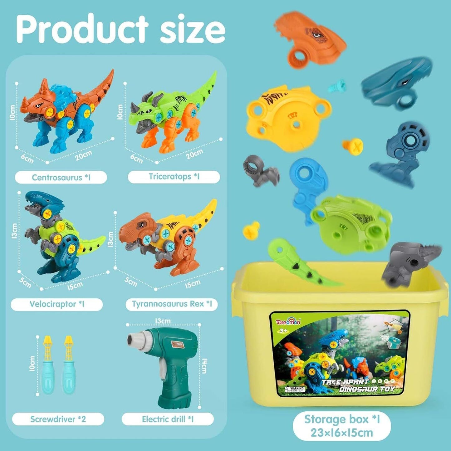 Dinosaur Toys for Kids with Storage Box Electric Drill DIY Construction