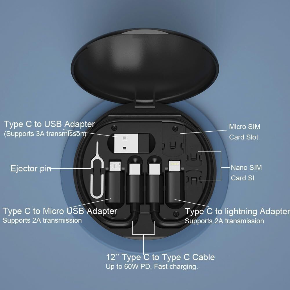 Multifunctional Data Cable Sim Storage Box Adaptor for Lightning, USB-C and Micr