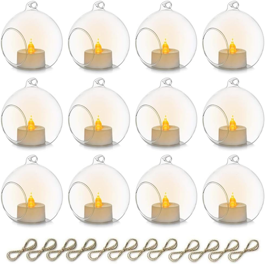 8Cm Hanging Glass Tealight Candle Holder with LED Candle, 12Pcs Hanging