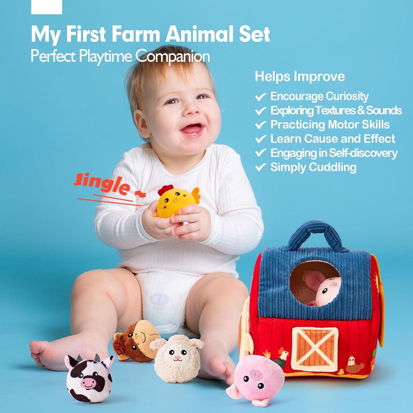 Baby Toys Farm Animals with Barn, Rattle, Crinkle Paper, Mirror for Babies 