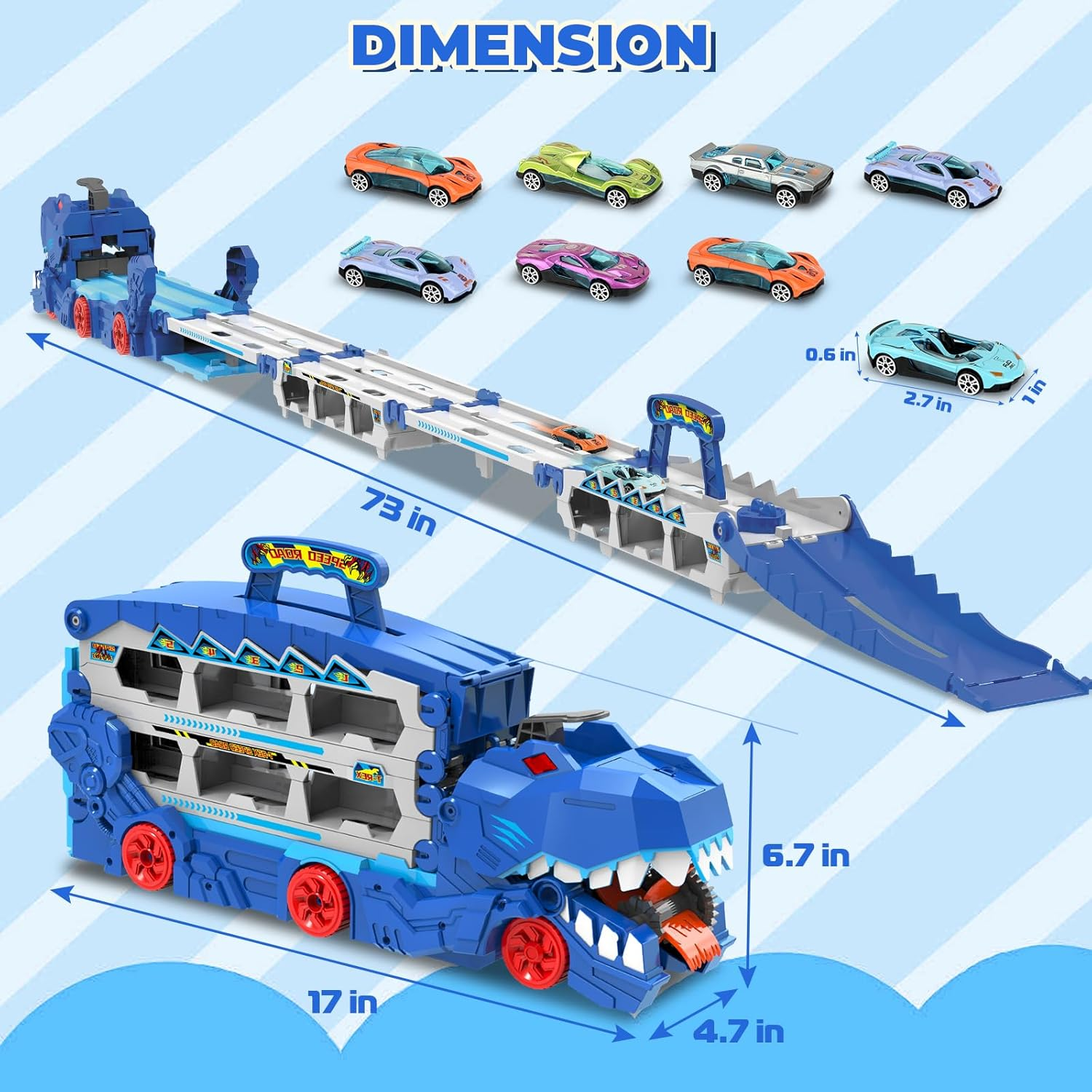 Foldable Transporter Trucks Cars-73 Inches Race Track with 8 Metal Toys Cars