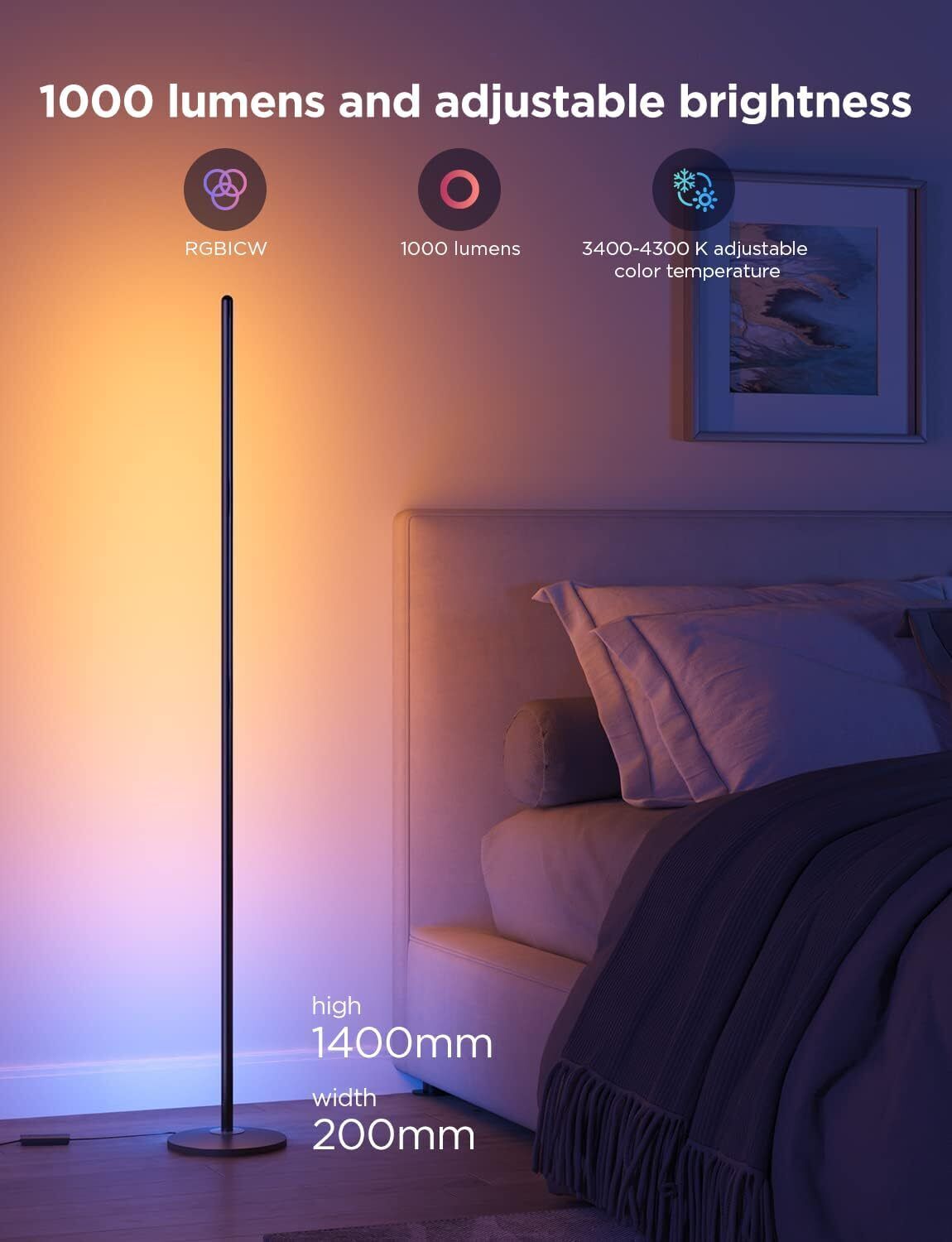 LED Floor Lamp, RGBIC Modern Corner,Smart Standing Lamp with 61 Scene Music Sync