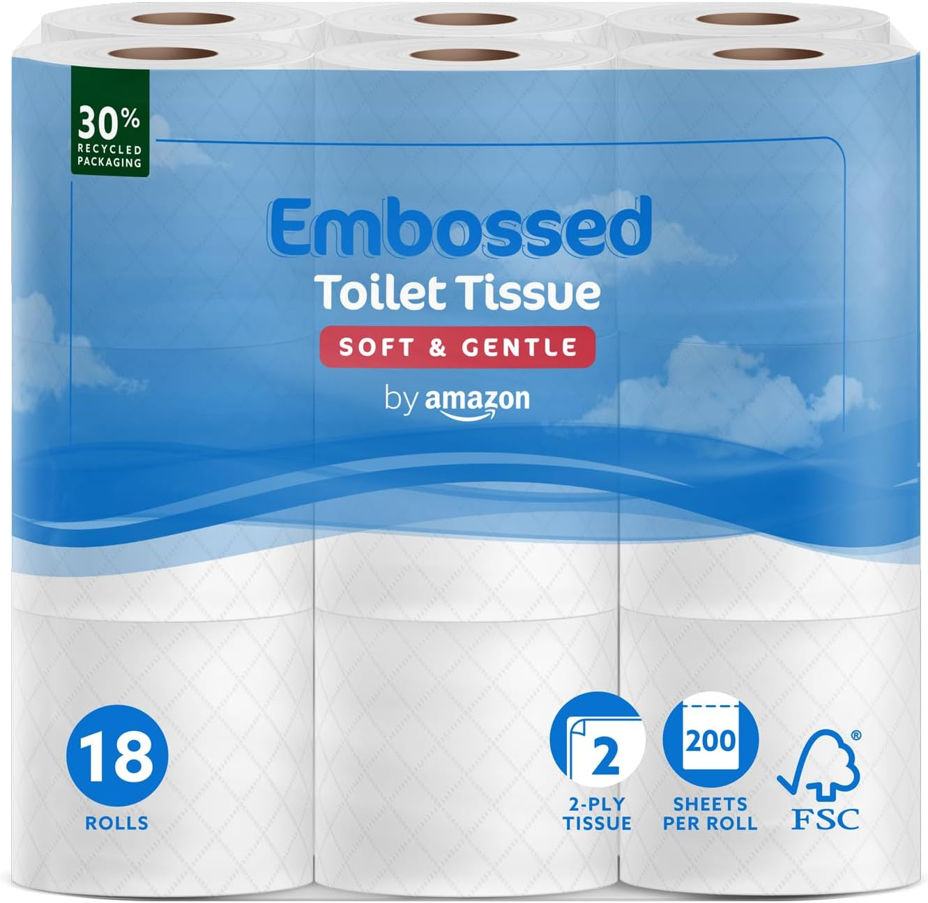 Toilet Roll, 2-Ply Embossed, Soft and Gentle, 18 Rolls (Pack of 1), 200 Sheets p