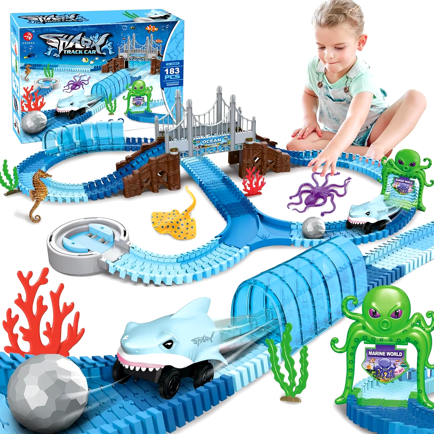 Track Toys Shark Race Car Toy for Boys Girls Age 3+ Bendable Flexible Racetrack 