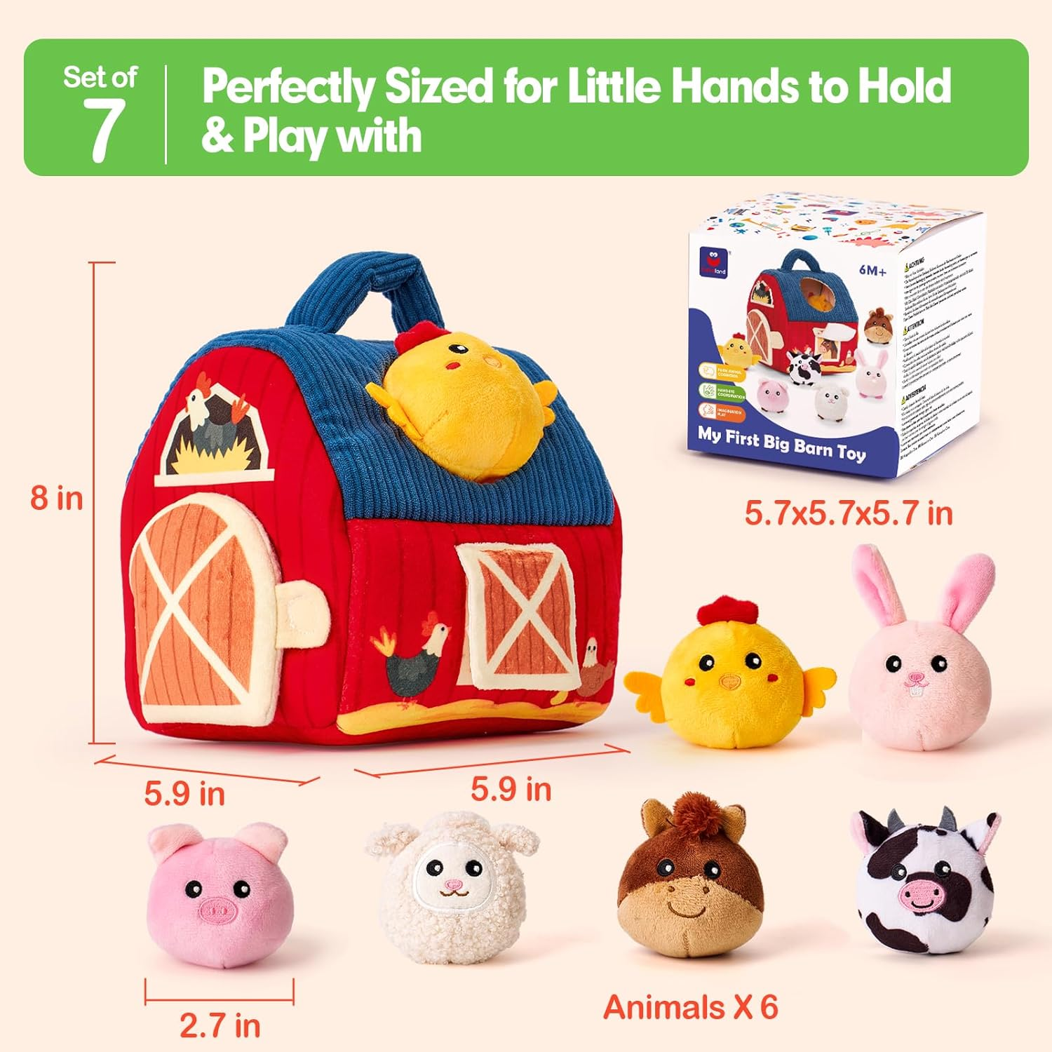 Baby Toys Farm Animals with Barn, Rattle, Crinkle Paper, Mirror for Babies 