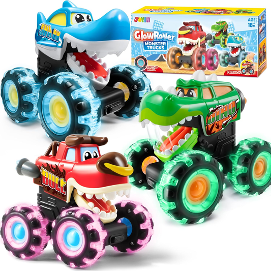 3 Pack Monster Truck Toys, Motion Activated Light-Up Cars, Lightning Wheels, 